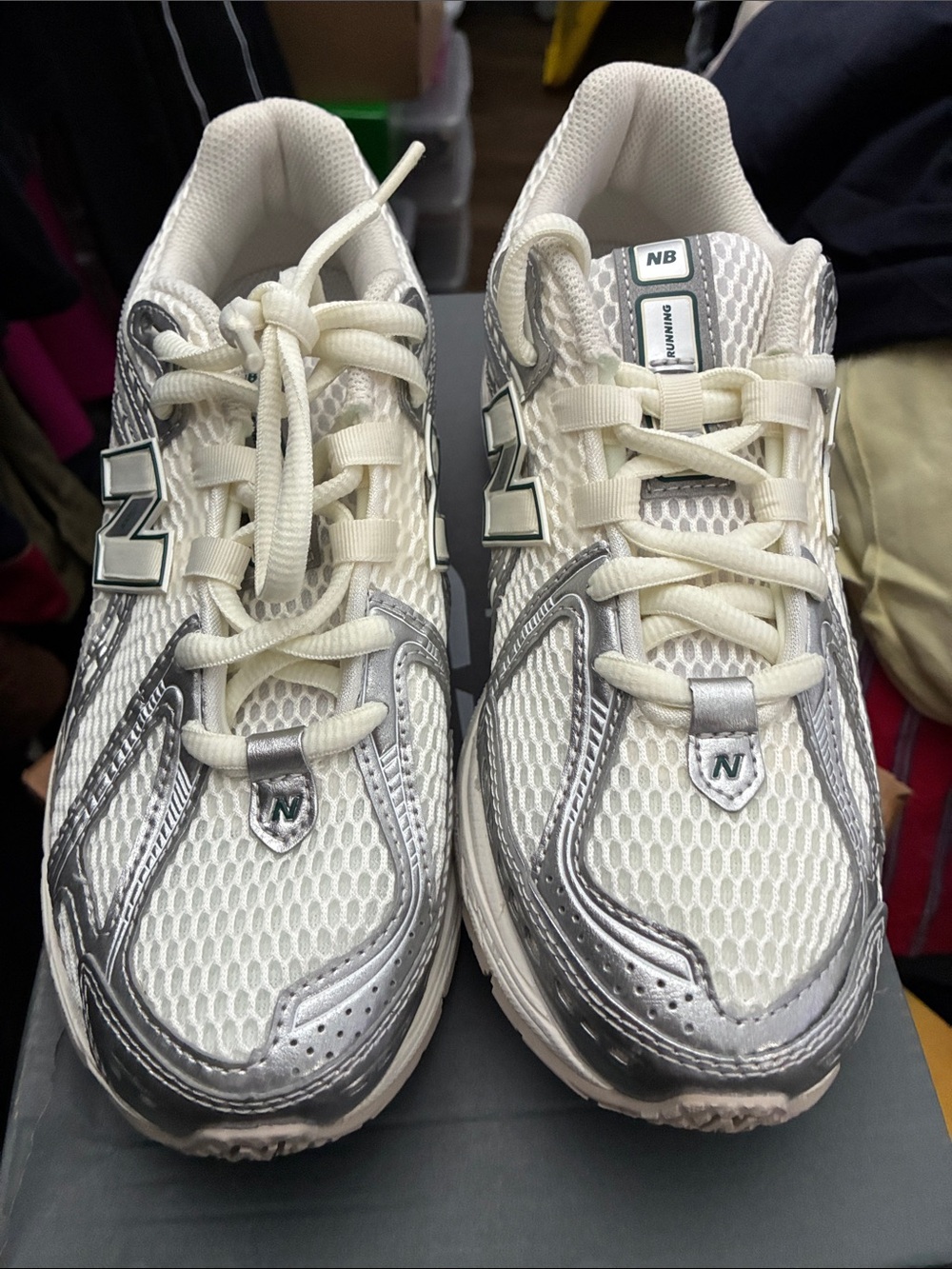 New Balance White & Silver Mesh Athletic Sneakers